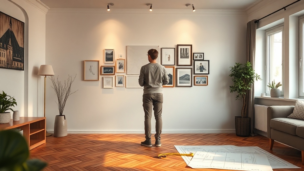Galeriewand im Wohnzimmer planen: Bilderraster, Höhen und Befestigung ohne Dübelchaos